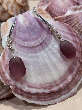 Plum Sea Glass Drop Earrings on Sterling Silver French Hooks